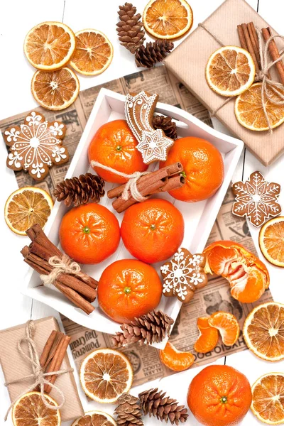 Christmas background with cookies, fruits and gift box — Stock Photo, Image