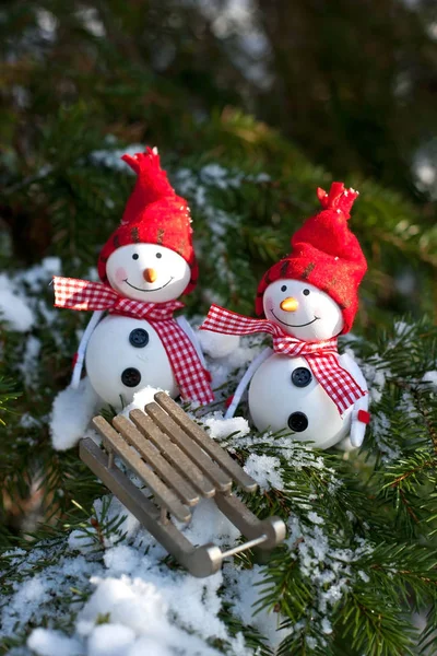 Christmas card with snowman  and sleigh — Stock Photo, Image