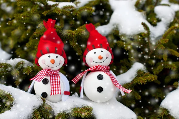 Winter, Christmas holiday background - Happy snowman friends in — Stock Photo, Image