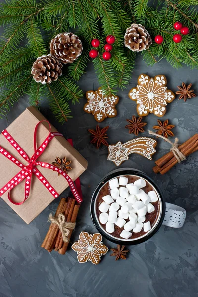 一杯热巧克力与棉花糖和姜饼饼干在木质背景 圣诞节时间组成与曲奇饼 — 图库照片