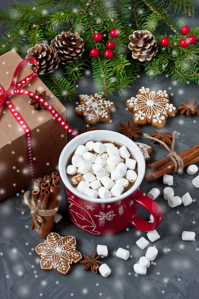 Canecas Vermelhas Com Chocolate Quente Marshmallows Biscoitos Gengibre Composição Tempo — Fotografia de Stock