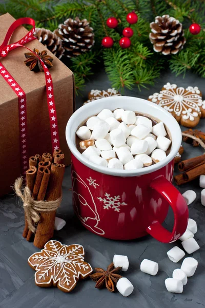 Canecas Vermelhas Com Chocolate Quente Marshmallows Biscoitos Gengibre — Fotografia de Stock