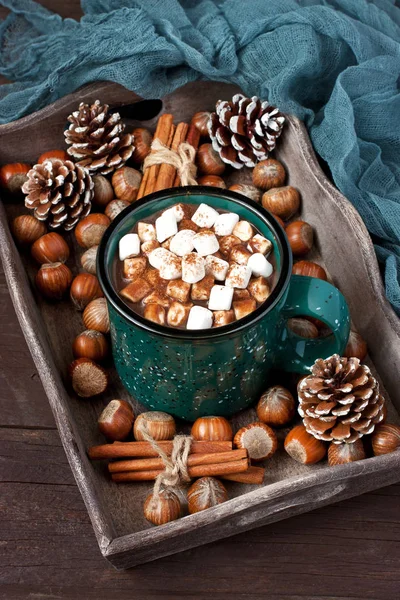 Šálek Horké Čokolády Marshmallows Vánoční Čas Složení — Stock fotografie