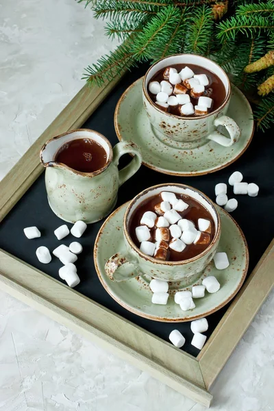 Xícara Chocolate Quente Com Marshmallows Composição Tempo Natal — Fotografia de Stock