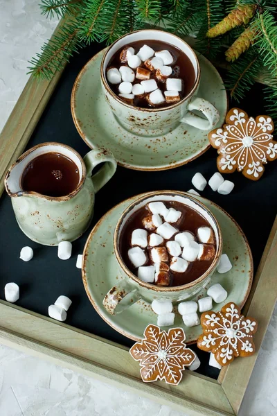 Xícara Chocolate Quente Com Marshmallows Composição Tempo Natal — Fotografia de Stock