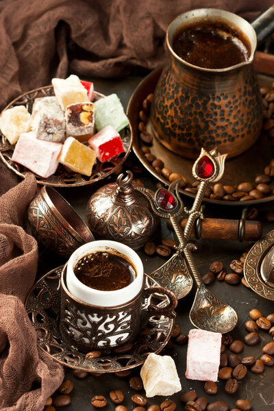 Traditionally served Turkish coffee with eastern sweets