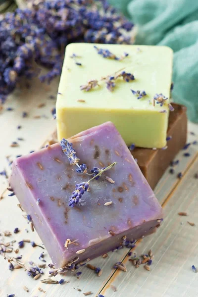 Homemade soap with lavender flowers