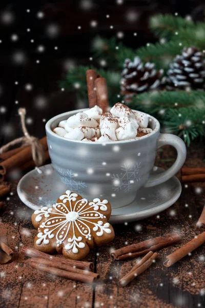 Biscoitos de gengibre de Natal com chocolate quente e marshmallow — Fotografia de Stock