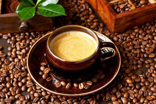 Кавова чашка і кавові зерна на темному фоні — стокове фото