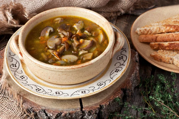 Champignonsoep Keramische Pot Tafel — Stockfoto