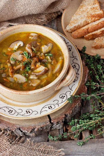 Sopa Champiñones Olla Cerámica Sobre Mesa —  Fotos de Stock