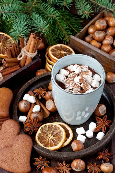 Tazza con cioccolata calda e biscotti di pan di zenzero sul tavolo di legno — Foto Stock