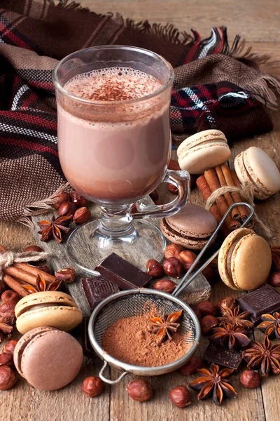 Bebida Aromática Cacao Con Canela Galletas Dulces Sobre Fondo Rústico — Foto de Stock