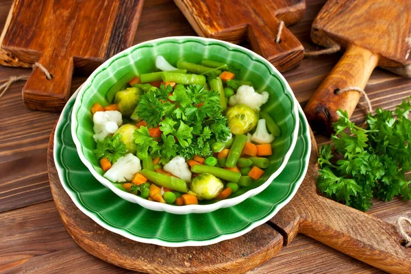 Vegetable Soup Ceramic Bowl Wooden Table Selective Focus Shallow Depth — Stock Photo, Image