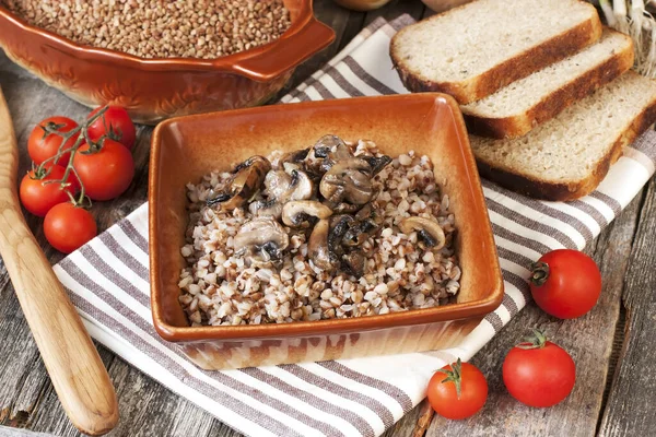 Buckwheat Porridge Mushrooms Ceramic Pot Table — Stock Photo, Image