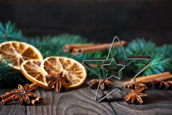 Cookie Cutter Spices Fir Tree Branches Wooden Table Selective Focus — Stock Photo, Image