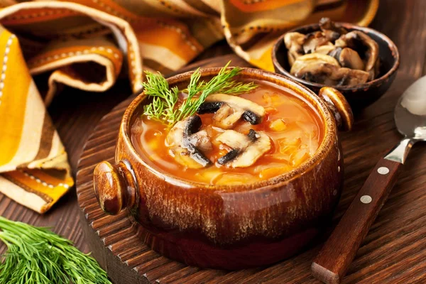 Traditionele Russische Soep Met Zure Kool Met Champignons Geserveerd Kom — Stockfoto