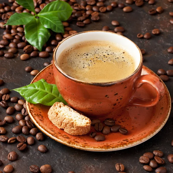 Stilleven Met Koffiekopje Koekjes Cantuccini Verse Bladeren Donkere Achtergrond — Stockfoto