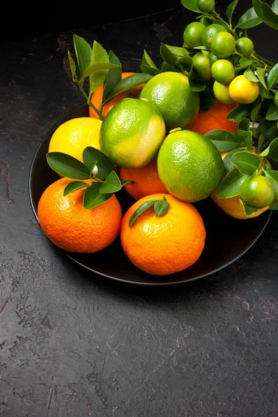 Various Citrus Fruits Mandarin Lemon Lime Fresh Green Leaves Dark — Stock Photo, Image