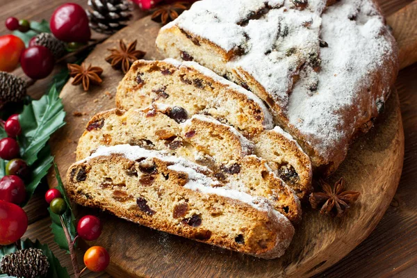 Christmas Stollen Traditional European Festive Dessert Cut Pieces Wooden Background — Stock Photo, Image