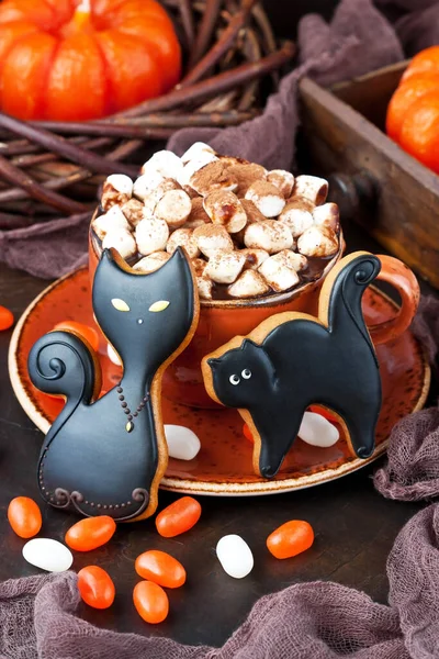 Homemade Gingerbread Cookies Form Black Cts Hot Chocolate Mug Halloween — Stock Photo, Image