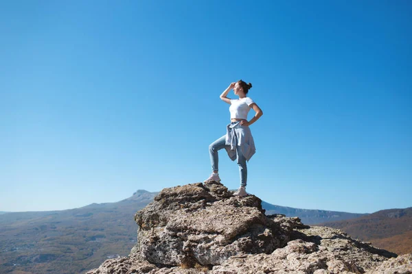 Una chica con una mochila se sienta en una roca en las montañas y disfruta de la vista de la naturaleza . — Foto de Stock