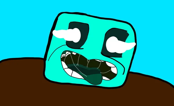 An evil monster with a square turquoise head and an open mouth with teeth