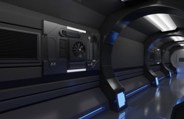 Büyük tünel, koridor, fütüristik, makine ile 3D fütüristik uzay gemisi iç mimarisi