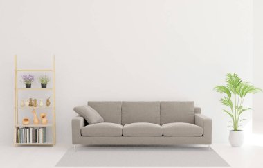 3D oturma odası, kanepe, ağaç, halı.