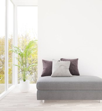 3D rendeleme beyaz oturma odası ve gri kanepe boş duvar maket ve boşluk kopyalamak için
