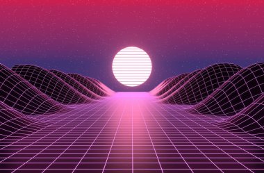 Neon 80 'ler stili, antika eski oyun peyzajı 3D görüntüleme