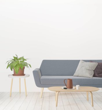 3 boyutlu tasarım, oturma odası duvarda fotokopi odası, hipster minimalizm tavan arası iç plan, ahşap zemin.