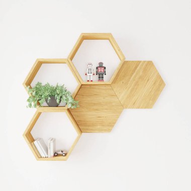 Hexegon raf kitapları, kopya alanı için bitki ve oyuncak