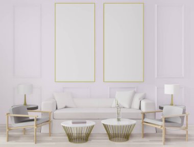 3D görüntüleme büyük oturma odası. İç tasarım, art deco tarzı, maket için beyaz duvar ve boşluk kopyala 