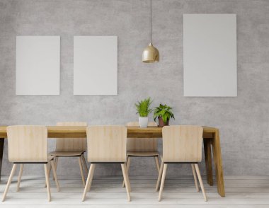 Çatı katı ve sanayi tarzı büyük yemek odasının 3D görüntüsü, maket için beton duvar ve uzay kopyası.