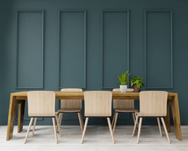 3D renning Dinning tablosu büyük bir odada. İç tasarım, art deco tarzı, maket için yeşil duvar ve boşluk kopyala 