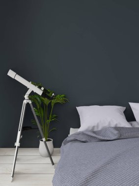 Siyah ve koyu yeşil modern yatak odasını bitki ve teleskopla kapatın, taklit edin, boşluğu kopyalayın, 3D görüntüleme