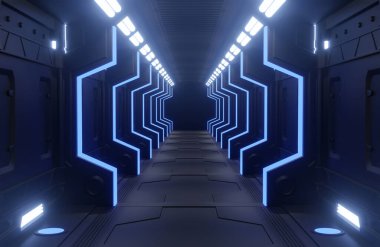 3D rending tünel uzay gemisi siyah-mavi iç mekan, koridor