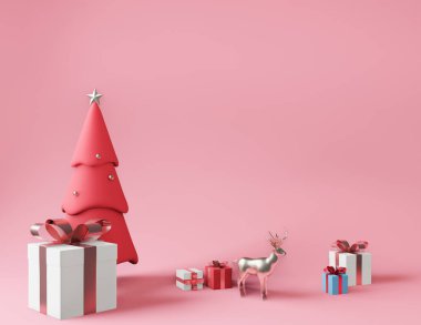 3D rendeleme beyaz kare hediye kutusu ve metalik pembe kurdele konsepti pembe arka plan, ren geyiği, noel