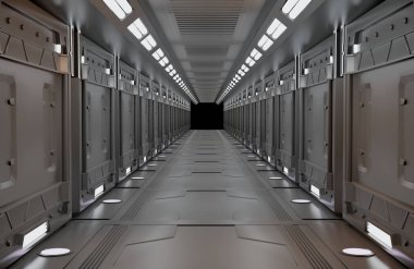 Bu görüntünün 3 boyutlu görüntüleme ögeleri, uzay gemisi metalik iç görünümü, tünel, koridor, ışık kopyalama alanı, hiç kimse