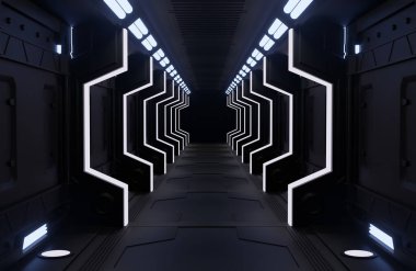 Bu görüntünün 3 boyutlu görüntüleme ögeleri, uzay gemisi siyah iç görünümü, tünel, koridor, ışık kopyalama alanı, hiç kimse
