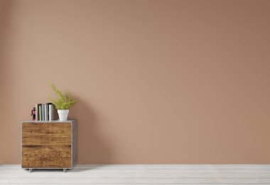 İçi kahverengi duvar ve ahşap masa tezgahı boş duvar fotokopi alanı, 3D görüntüleme