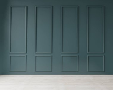 Koyu yeşil modern duvar sanat deco tarzı ve ahşap zemin maket ve kopyalama alanı, 3D görüntüleme