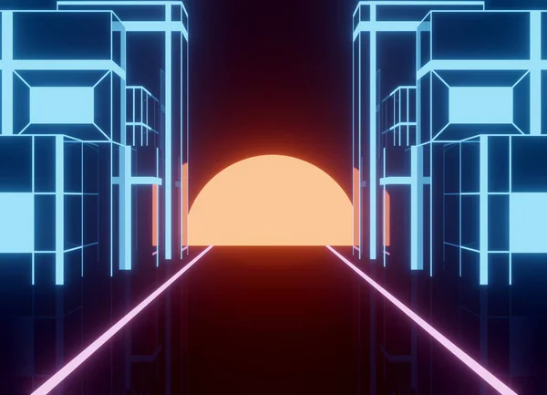 Neon 80S Стиль Вінтажний Ретро Ігровий Пейзаж Блискучою Дорогою Будівлею — стокове фото