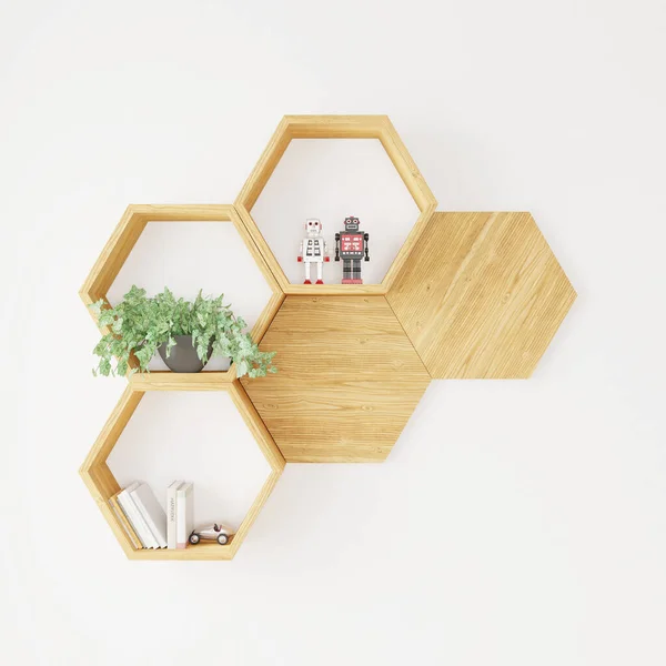 Hexegon raf kitapları, kopya alanı için bitki ve oyuncak