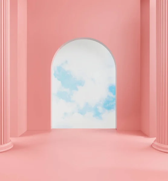 3D pastel geçit, pembe renk arkaplan ve mavi gökyüzü fotokopi alanı arkasında