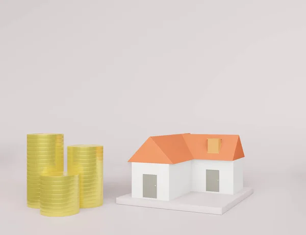 Moeda Ouro Alinhada Verticalmente Modelo Casa Direção Crescimento Colocado Chão — Fotografia de Stock