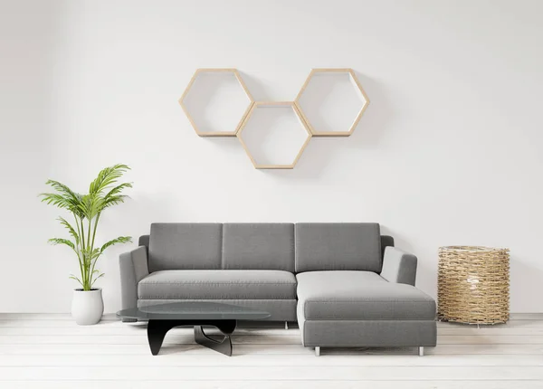 Living room on the white wall background, hexagon shelf front view,copy space ,3D rendering