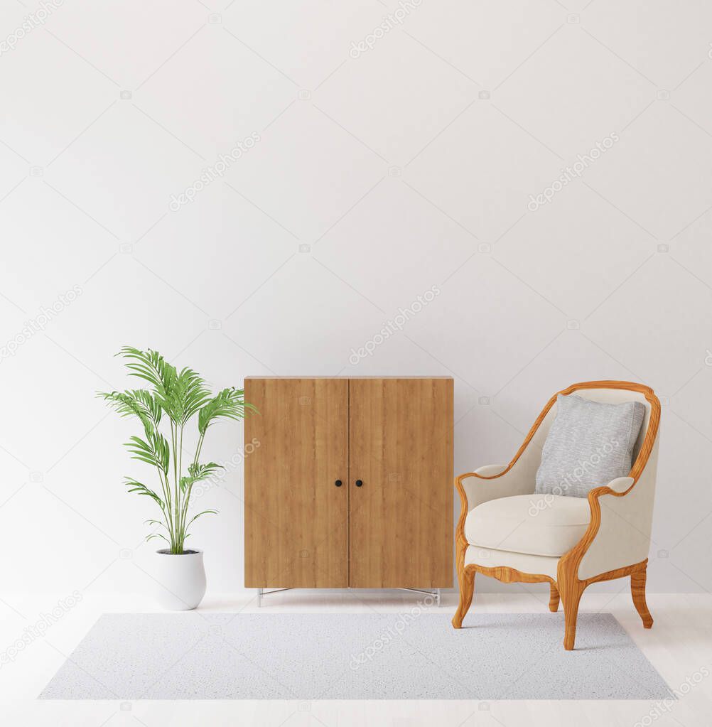 3d rendering of interior design with chair,cabinet,tree and carpet mock up of copyspace