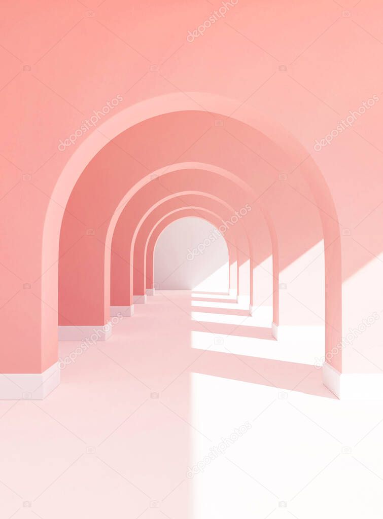 3d rendering of pastel walkway ,pink  color background with white floor and sun light copy space